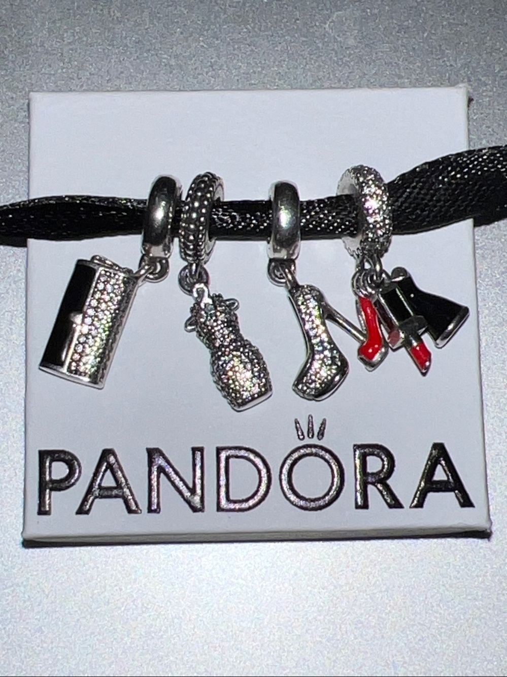 Set of 4 Pandora Charms-Trio Dangle-Sparkling Stiletto-Dazzling Dress-Clutch